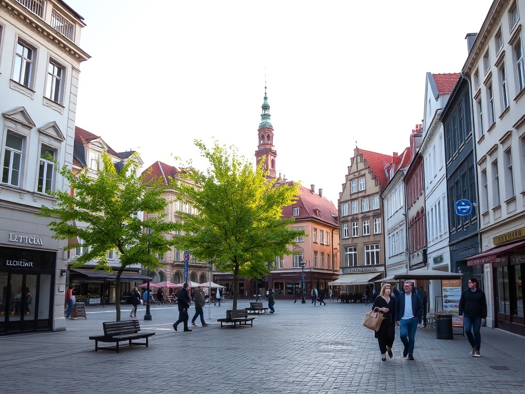 Mapa infrastruktury Szczecina z zaznaczonymi sklepami, restauracjami i placówkami edukacyjnymi