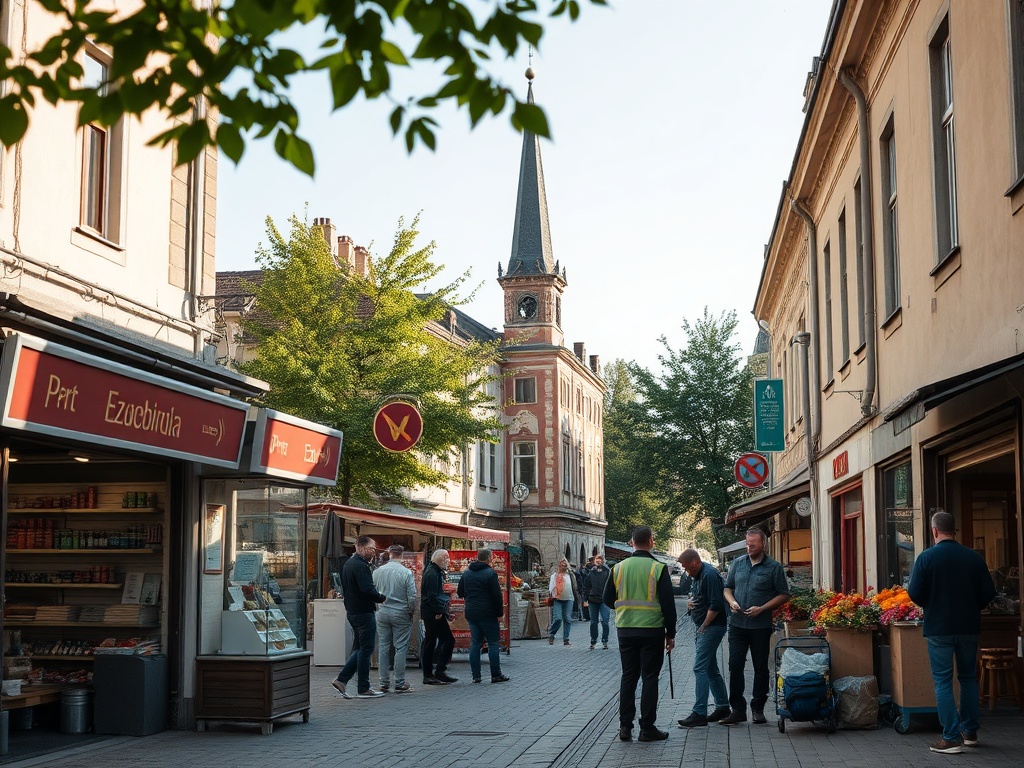 Grafika przedstawiająca połączenie symboli przemysłu (np. komin fabryczny) z elementami zieleni miejskiej (np. drzewo), nawiązująca do tematu Polimerów Police i inwestycji w przestrzeni publicznej Szczecina.