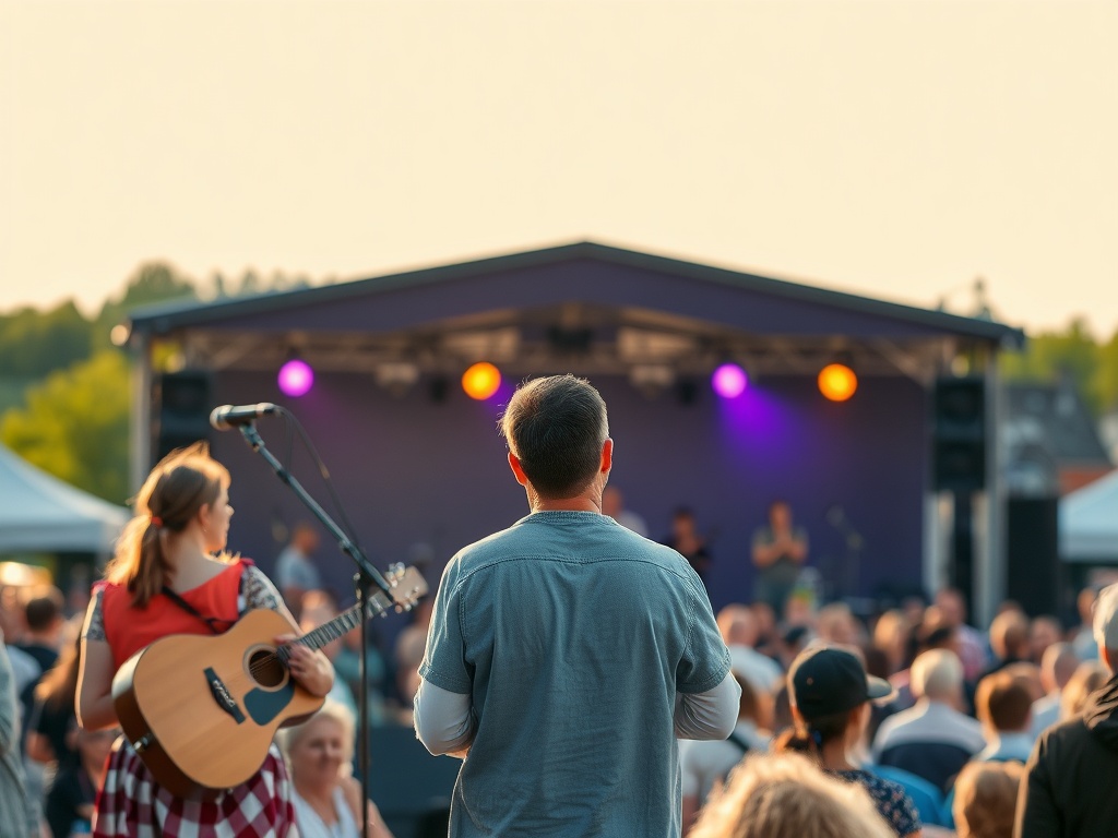 Ilustracja symbolizująca weekendowe wydarzenia w Szczecinie i Choszcznie: połączenie elementów muzycznych i sportowych dla kibiców i miłośników kultury.