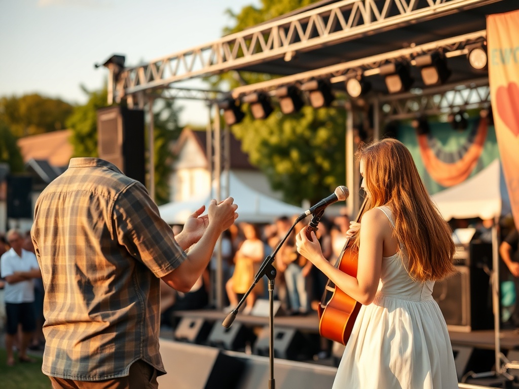 Ilustracja symbolizująca bogactwo kulturalne i społeczne Szczecina, obejmująca wydarzenia muzyczne i lokalne inicjatywy.