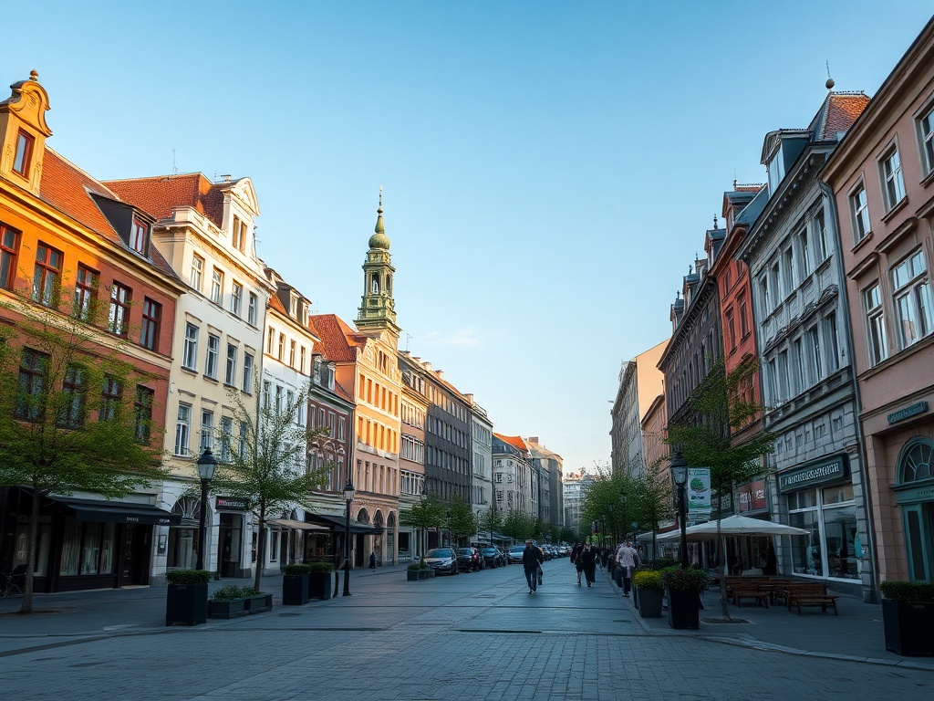 Widok na Łasztownię w Szczecinie z nowoczesnymi budynkami i nabrzeżem, symbolizującą rozwój miasta.